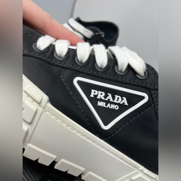 PRADA Double Wheel Re-Nylon gabardine Platform sneakers Black White size 37.5 - Picture 5 of 7